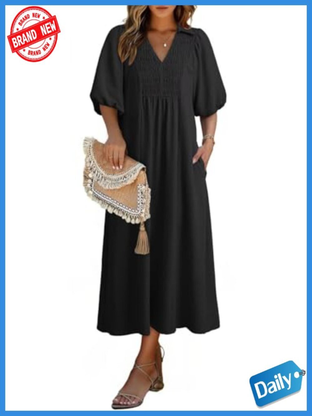 V Neck Puff Sleeve Empire Waist A-Line Maxi Dress Pockets Casual